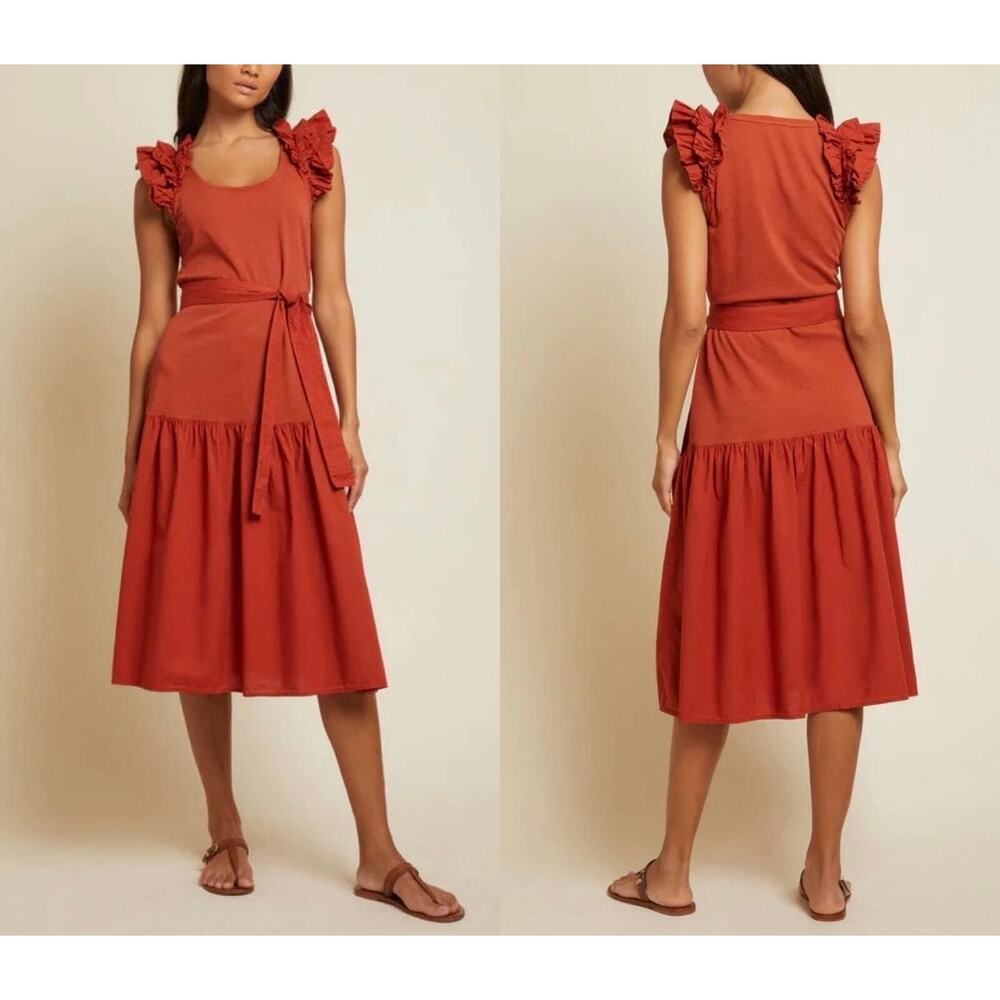 Nation LTD x Evereve Ruffle Shoulder Tie Waist Cotton Midi Dress Rust Size S